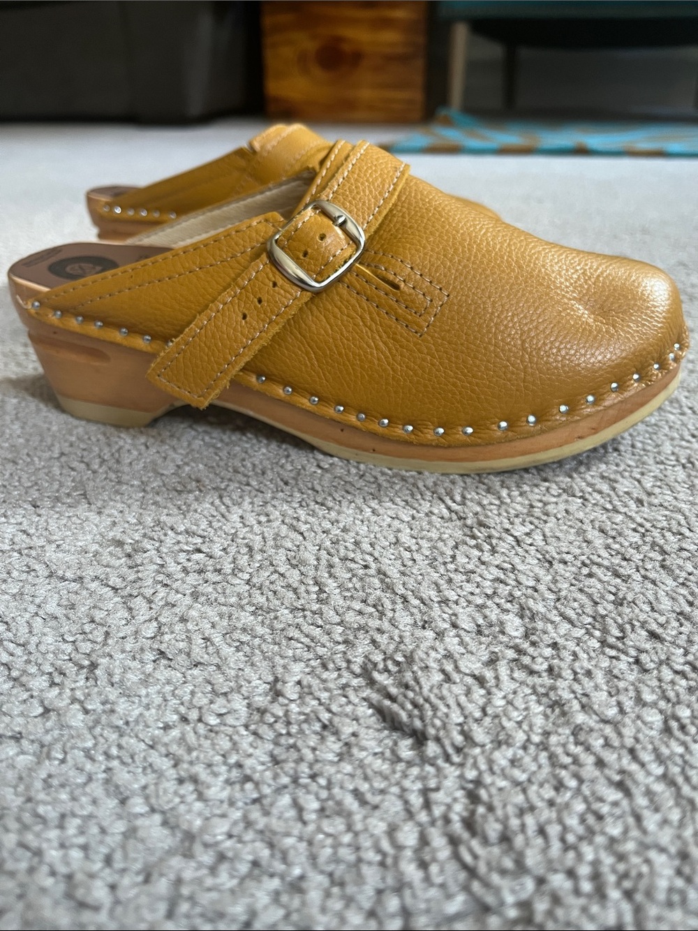 Adjustable Buckle Mustard Leather Clog Mule